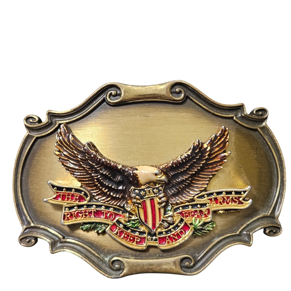Vintage‎ 1980 Raintree Right to Bear Arms Eagle Belt Buckle Brass Tone